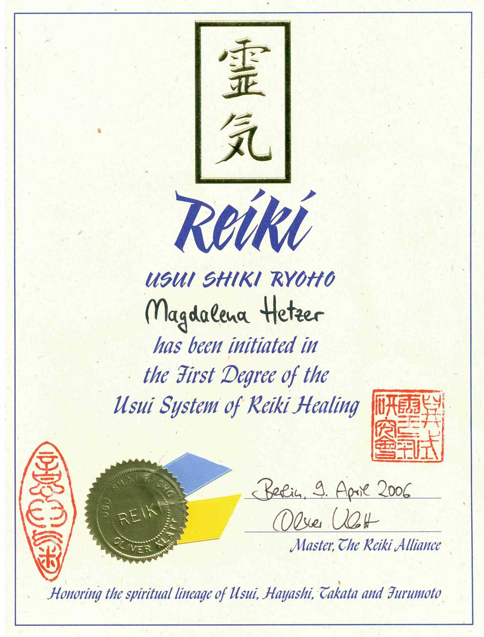 Bild von der Reiki Erster Grad Urkunde von Magdalena Hetzer
