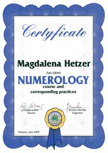 Bild vom Zertifikat der Numerologie von Magdalena Hetzer